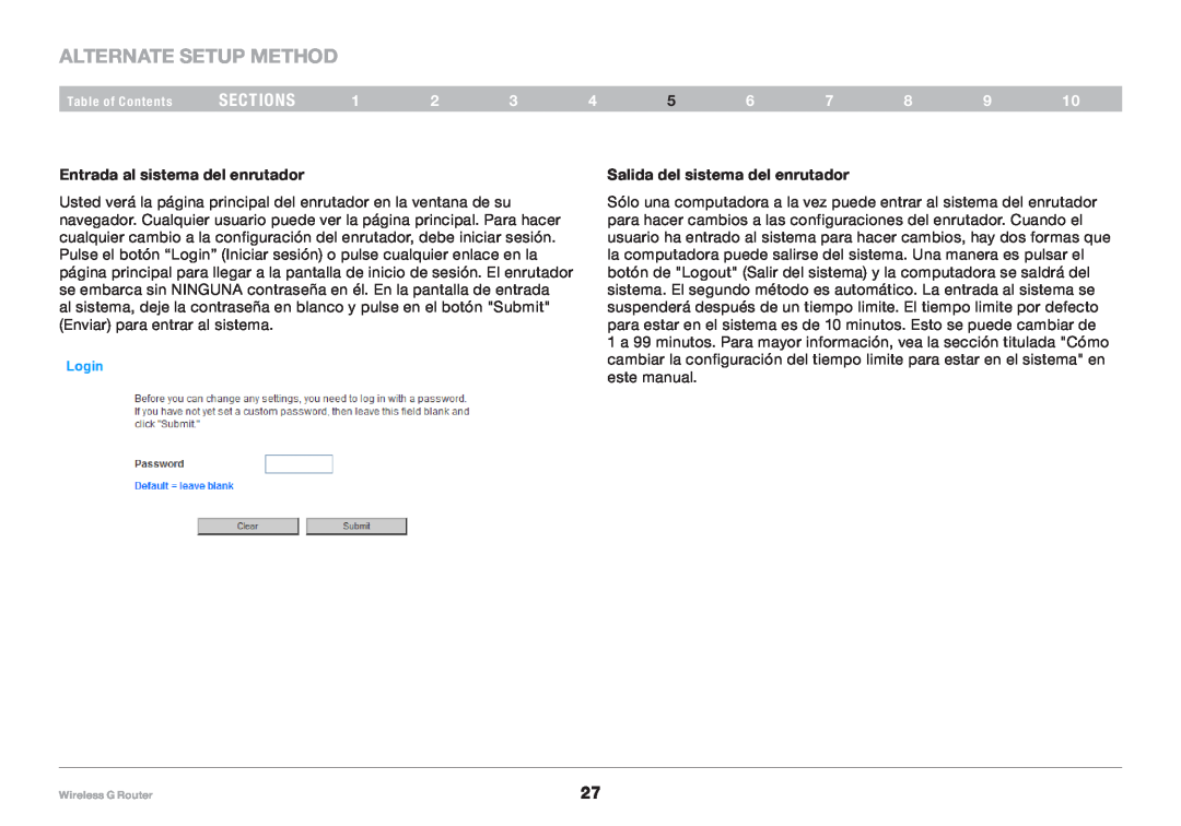 Belkin 8820NP00425 Alternate Setup Method, sections, Entrada al sistema del enrutador, Salida del sistema del enrutador 