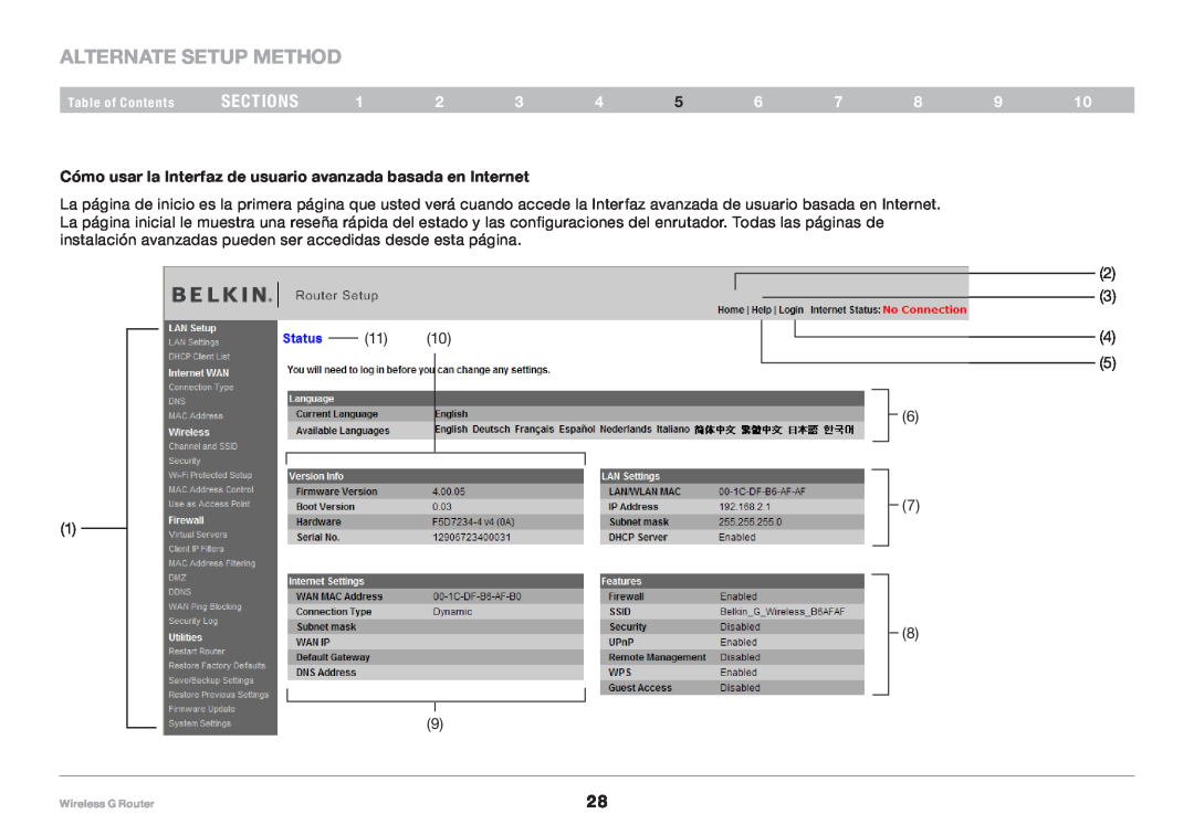 Belkin F5D7234NP4 Alternate Setup Method, sections, Cómo usar la Interfaz de usuario avanzada basada en Internet 