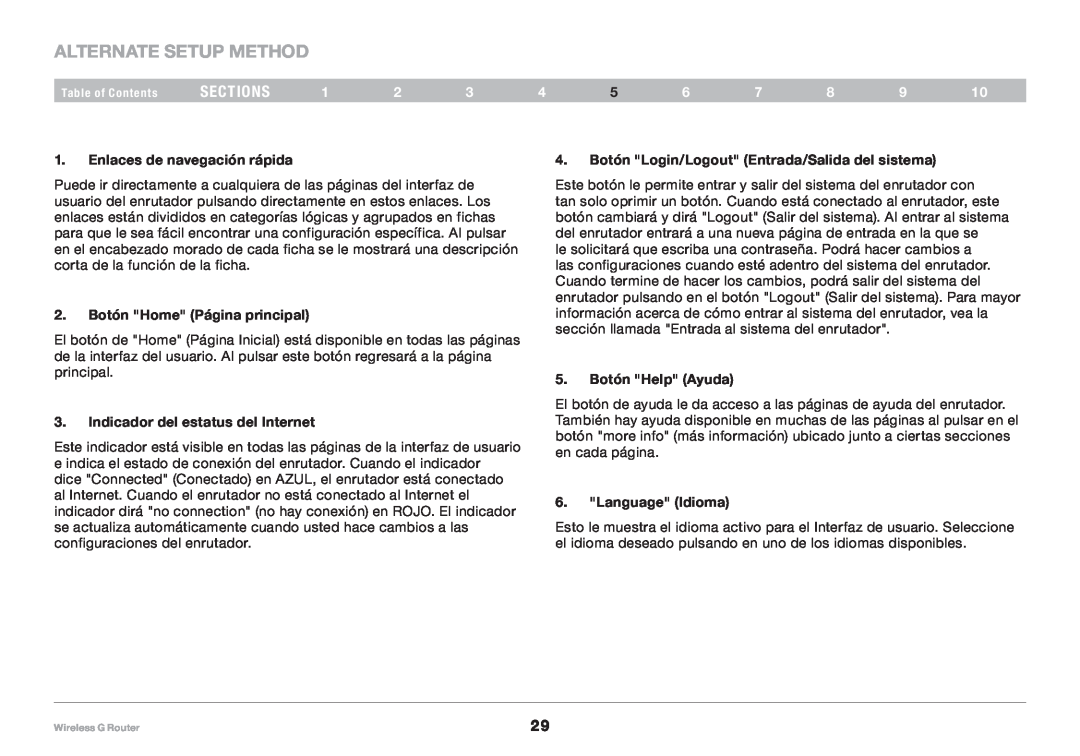 Belkin 8820NP00425, F5D7234NP4 Alternate Setup Method, sections, Enlaces de navegación rápida, Botón Home Página principal 