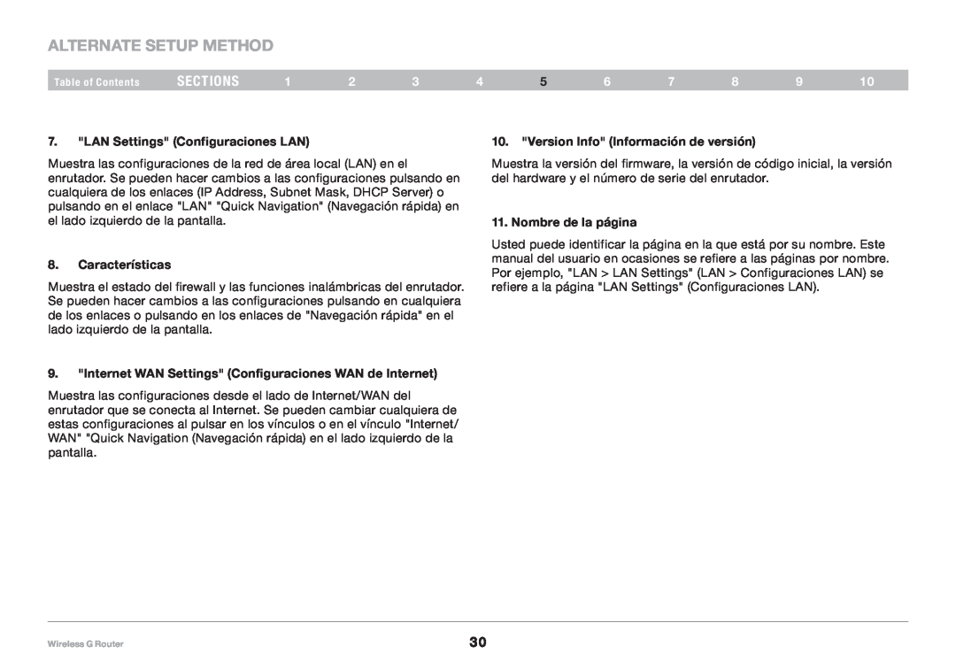 Belkin F5D7234NP4 Alternate Setup Method, sections, LAN Settings Configuraciones LAN, Características, Nombre de la página 