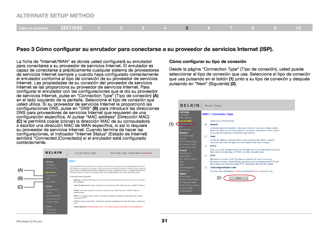 Belkin 8820NP00425, F5D7234NP4 user manual Alternate Setup Method, sections, Cómo configurar su tipo de conexión 