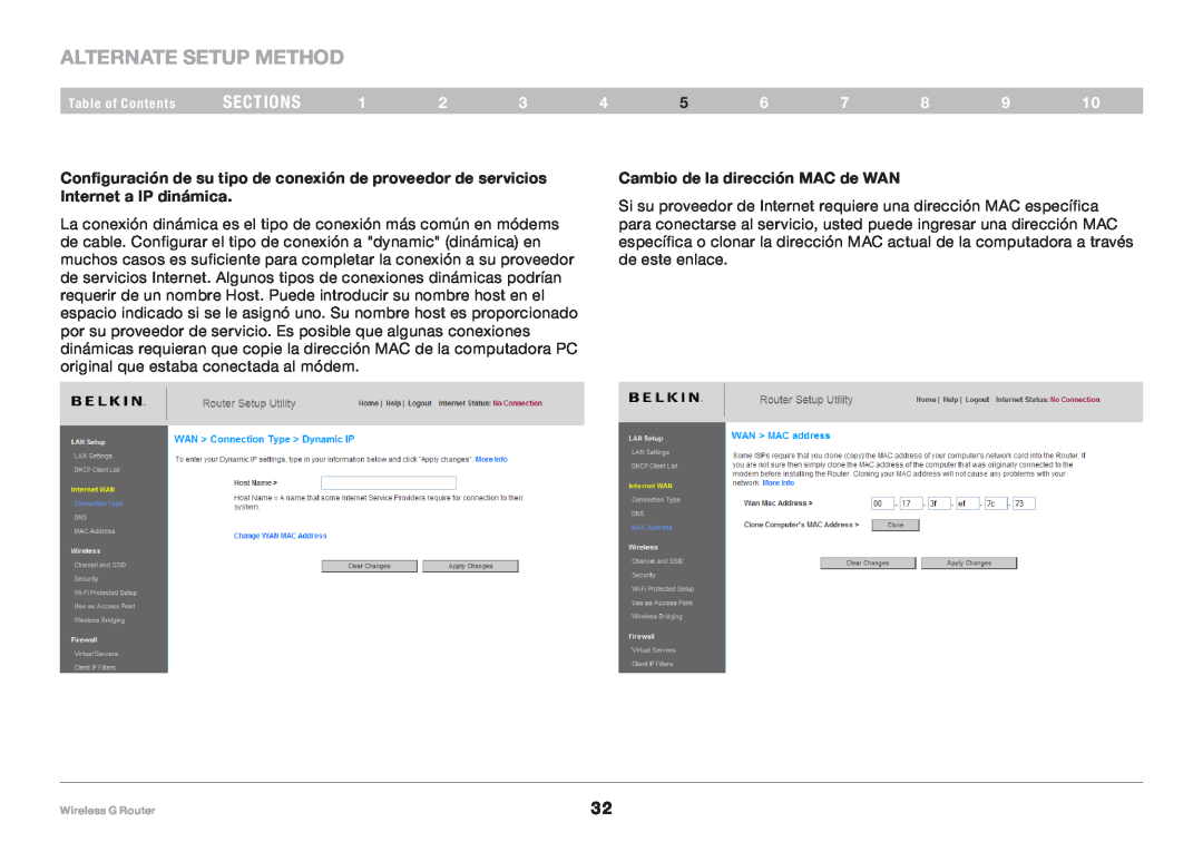 Belkin F5D7234NP4, 8820NP00425 user manual Alternate Setup Method, sections, Cambio de la dirección MAC de WAN 