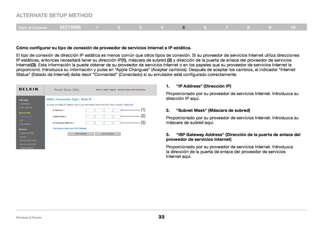 Belkin 8820NP00425 Alternate Setup Method, sections, IP Address Dirección IP, 1 2. Subnet Mask Máscara de subred 