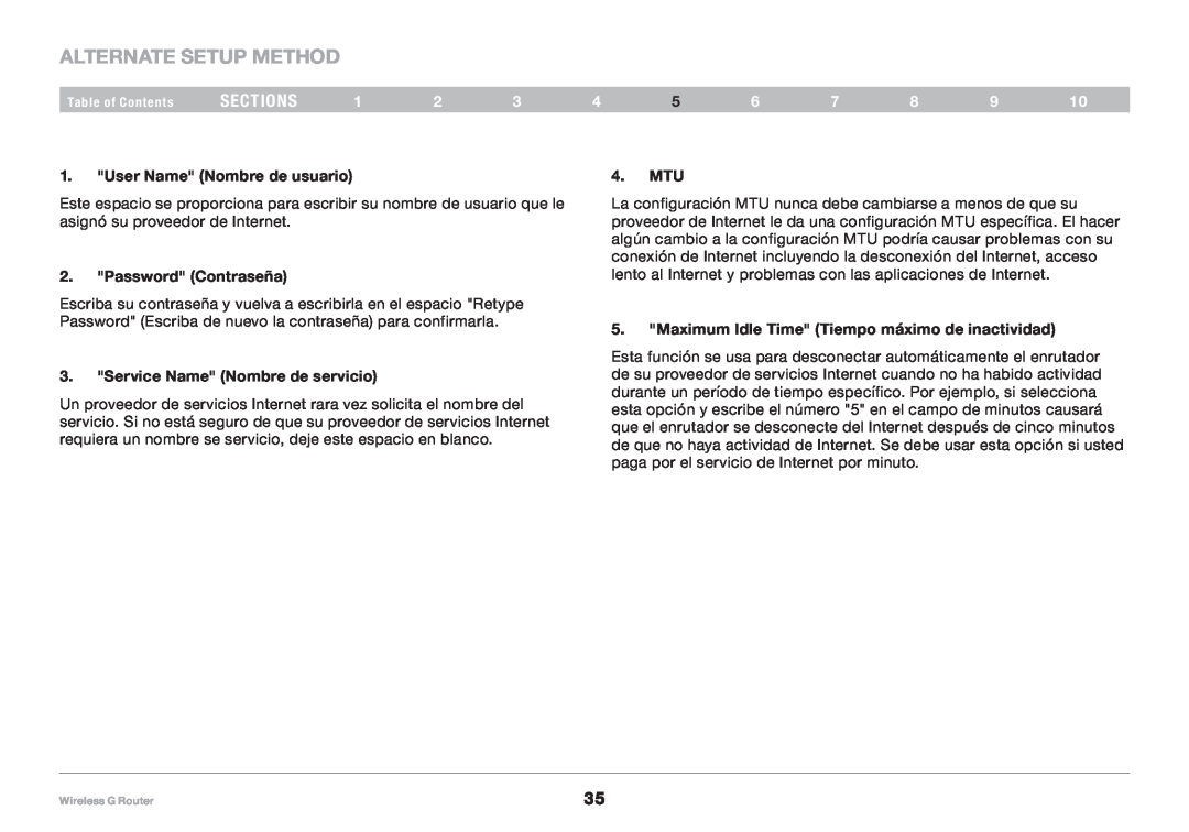Belkin 8820NP00425, F5D7234NP4 Alternate Setup Method, sections, User Name Nombre de usuario, Password Contraseña, Mtu 