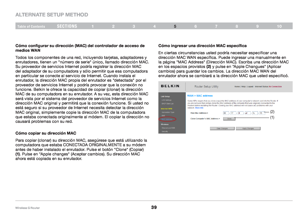 Belkin 8820NP00425, F5D7234NP4 user manual Alternate Setup Method, sections, Cómo copiar su dirección MAC 