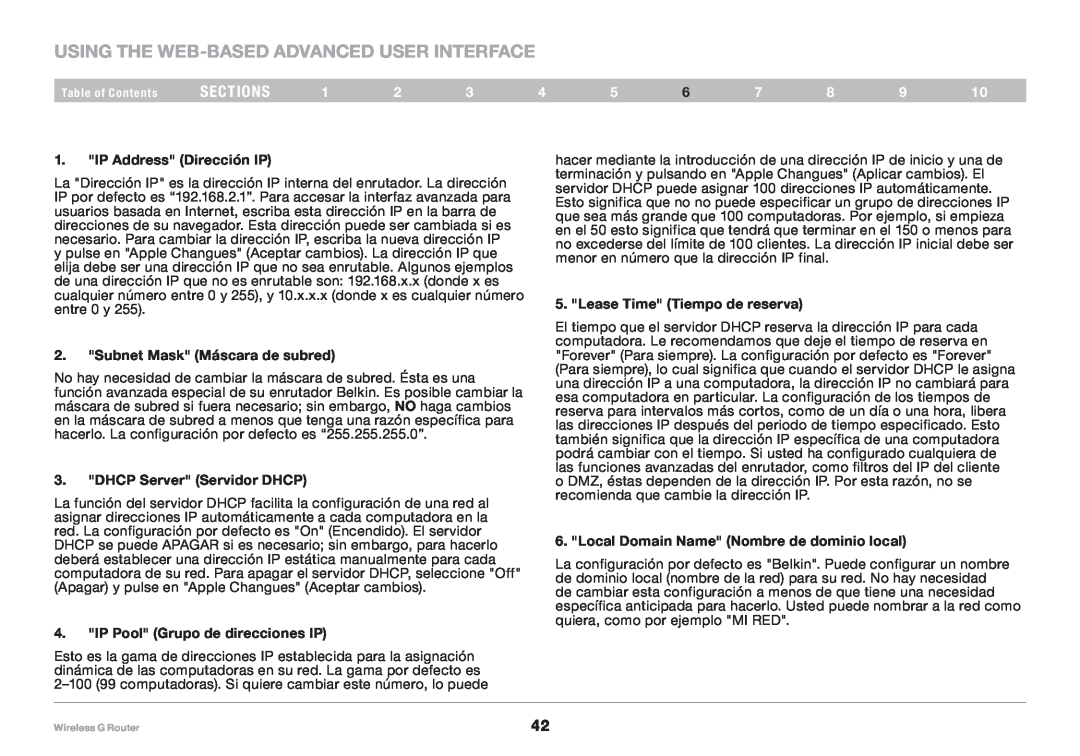 Belkin F5D7234NP4, 8820NP00425 user manual Using the Web-Based Advanced User Interface, sections, IP Address Dirección IP 