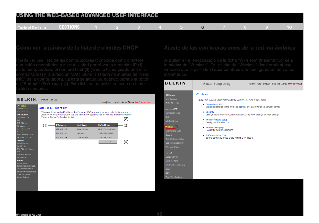 Belkin 8820NP00425 Using the Web-Based Advanced User Interface, Cómo ver la página de la lista de clientes DHCP, sections 