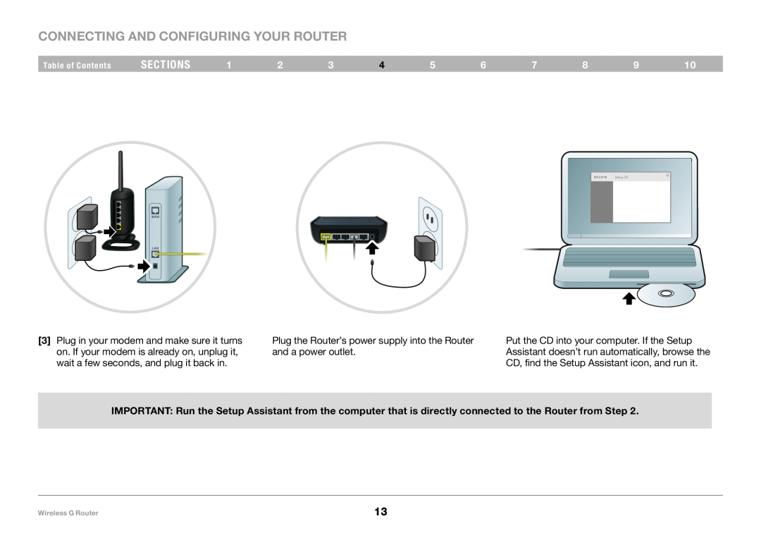 Belkin 8820NP00425, F5D7234NP4 user manual Connecting and Configuring your Router, sections, Table of Contents, Setup CD 