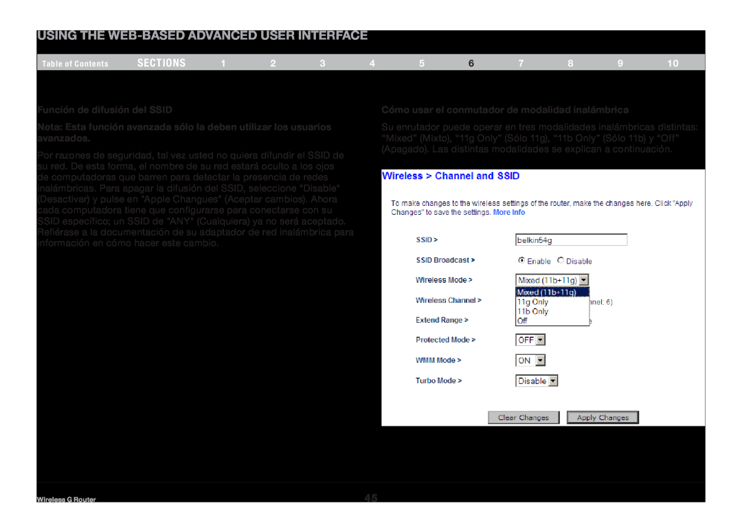 Belkin 8820NP00425, F5D7234NP4 Using the Web-Based Advanced User Interface, sections, Función de difusión del SSID 