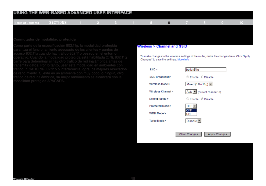 Belkin F5D7234NP4, 8820NP00425 Using the Web-Based Advanced User Interface, sections, Conmutador de modalidad protegida 
