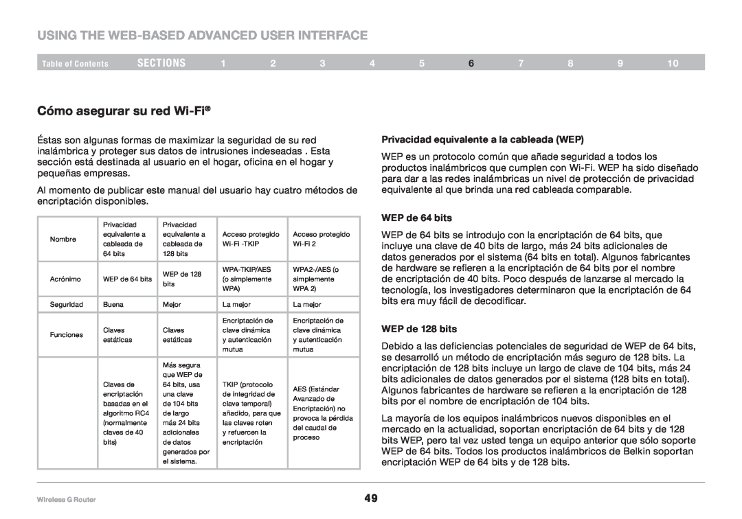 Belkin 8820NP00425 Using the Web-Based Advanced User Interface, sections, Privacidad equivalente a la cableada WEP 