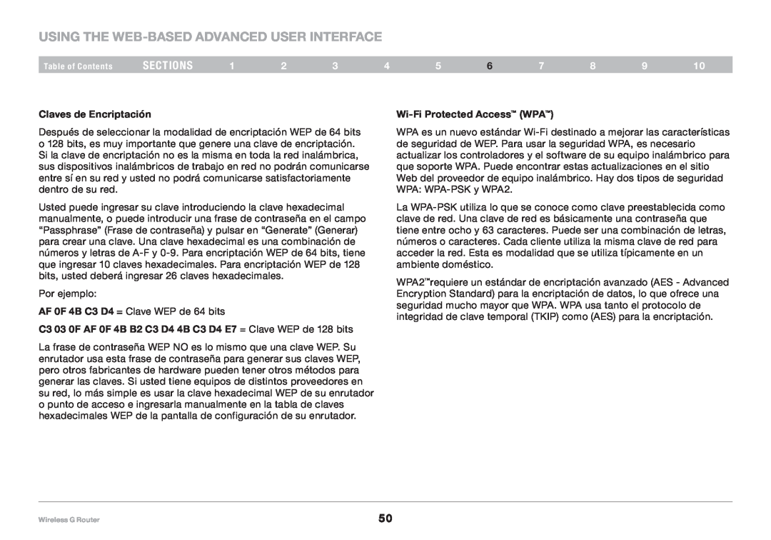 Belkin F5D7234NP4, 8820NP00425 user manual Using the Web-Based Advanced User Interface, sections, Claves de Encriptación 