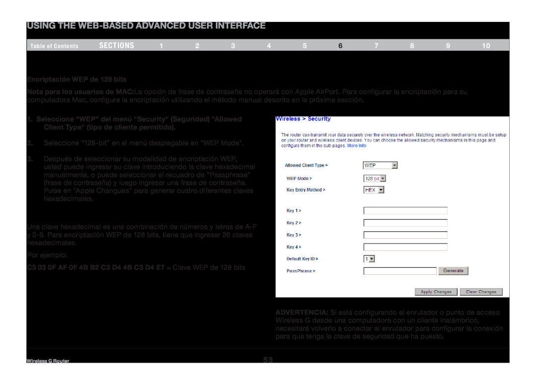 Belkin 8820NP00425, F5D7234NP4 Using the Web-Based Advanced User Interface, sections, Encriptación WEP de 128 bits 