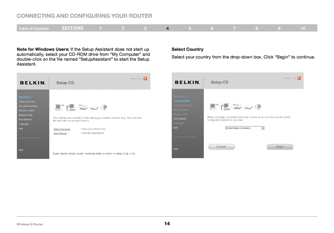 Belkin F5D7234NP4 Connecting and Configuring your Router, sections, Select Country, Table of Contents, Wireless G Router 