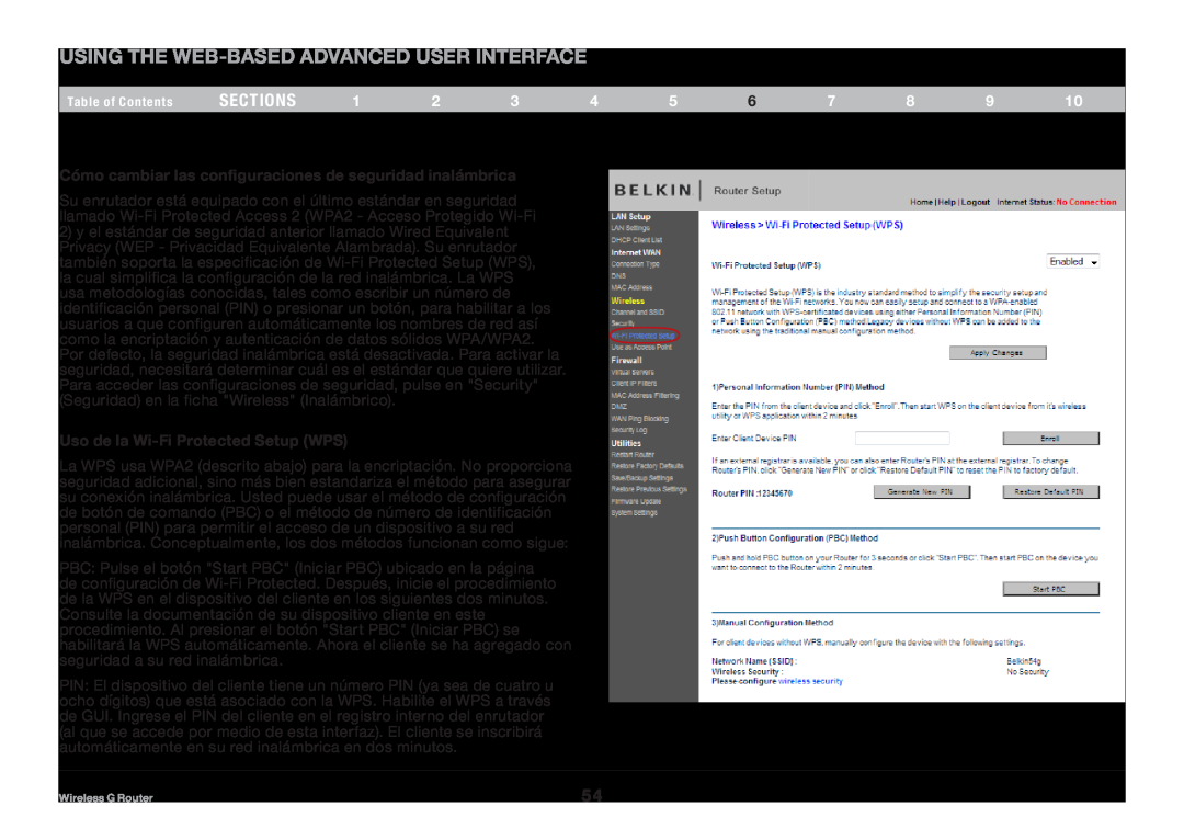 Belkin F5D7234NP4, 8820NP00425 Using the Web-Based Advanced User Interface, sections, Uso de la Wi-Fi Protected Setup WPS 