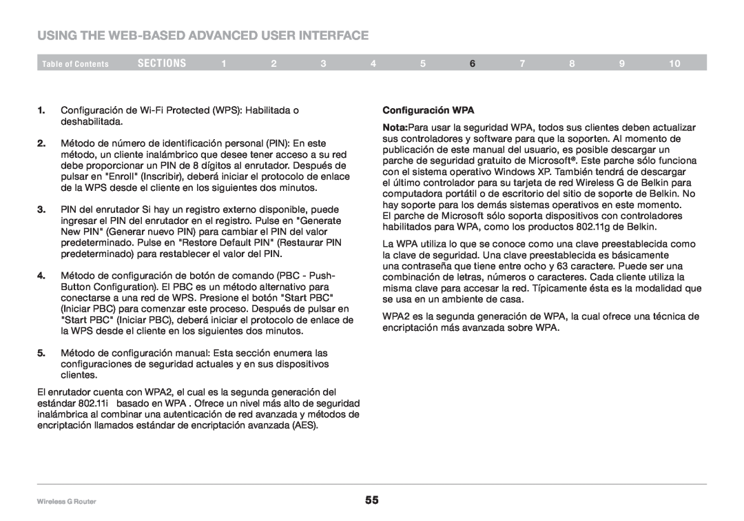 Belkin 8820NP00425, F5D7234NP4 user manual Using the Web-Based Advanced User Interface, sections, Configuración WPA 