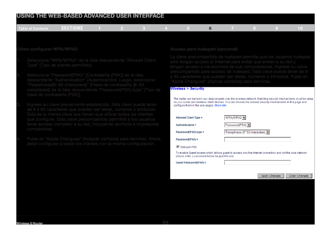 Belkin F5D7234NP4, 8820NP00425 user manual Using the Web-Based Advanced User Interface, sections, Cómo configurar WPA/WPA2 