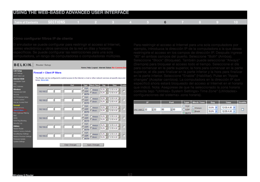 Belkin F5D7234NP4 user manual Using the Web-Based Advanced User Interface, sections, Cómo configurar filtros IP de cliente 