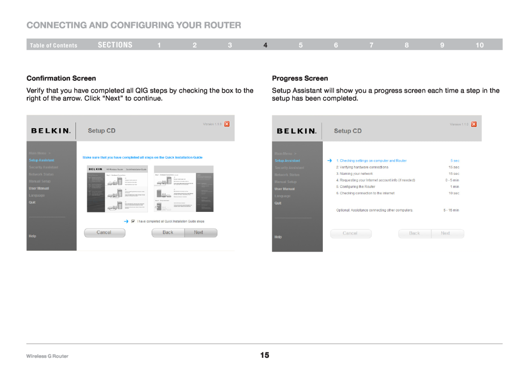 Belkin 8820NP00425, F5D7234NP4 user manual Connecting and Configuring your Router, sections, Confirmation Screen, Progress 