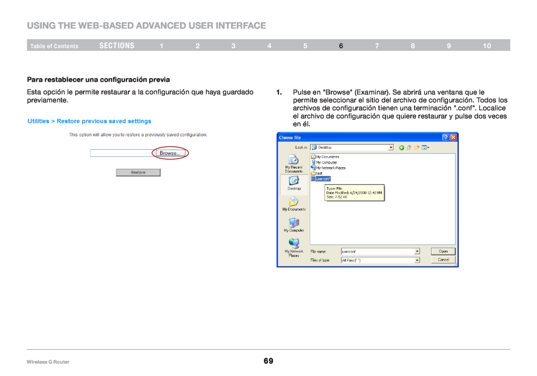 Belkin 8820NP00425 Using the Web-Based Advanced User Interface, sections, Para restablecer una configuración previa 