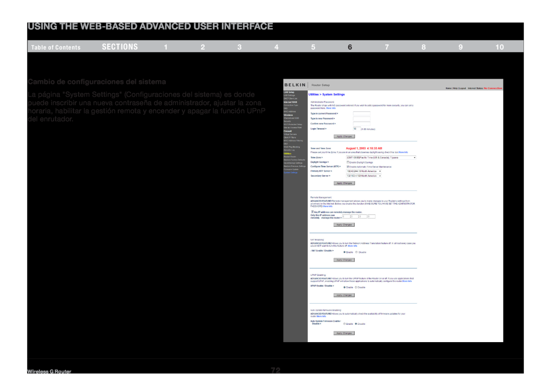 Belkin F5D7234NP4 user manual Using the Web-Based Advanced User Interface, sections, Cambio de configuraciones del sistema 