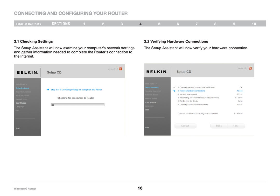 Belkin F5D7234NP4 Connecting and Configuring your Router, sections, Checking Settings, Verifying Hardware Connections 