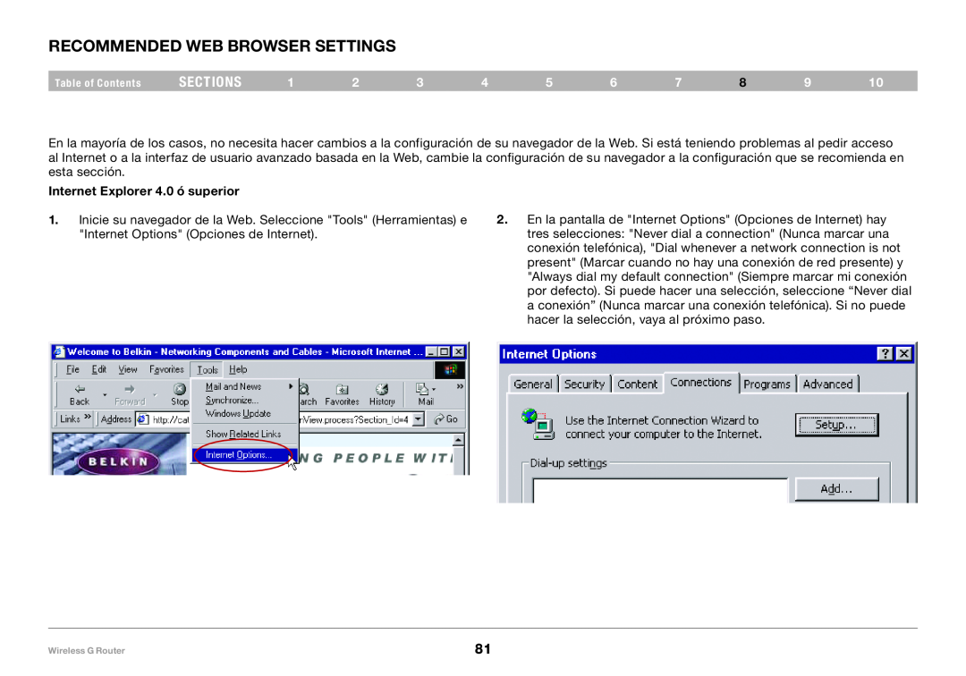 Belkin 8820NP00425, F5D7234NP4 user manual sections, Internet Explorer 4.0 ó superior 