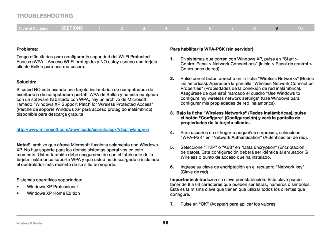 Belkin F5D7234NP4, 8820NP00425 Troubleshooting, sections, Problema, Solución, Para habilitar la WPA-PSK sin servidor 