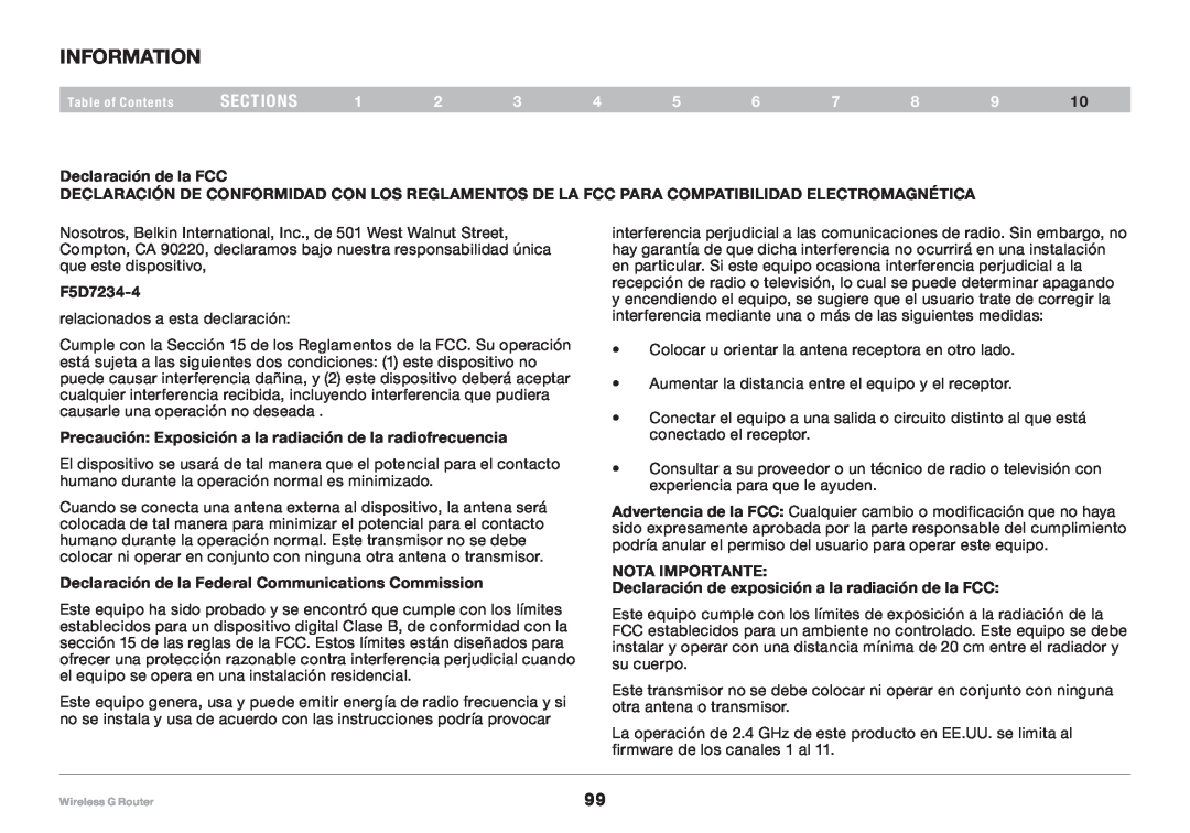 Belkin 8820NP00425 sections, Declaración de la FCC, F5D7234-4, Precaución Exposición a la radiación de la radiofrecuencia 