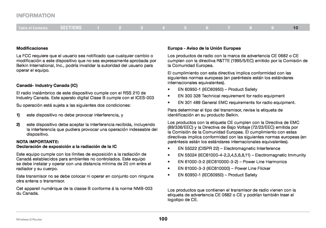 Belkin F5D7234NP4 Information, sections, Modificaciones, Canadá- Industry Canada IC, Europa - Aviso de la Unión Europea 