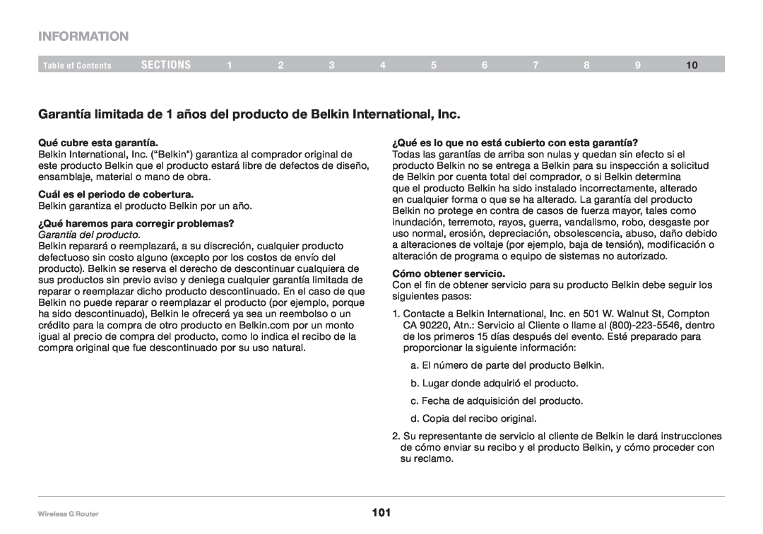 Belkin 8820NP00425 Information, sections, Qué cubre esta garantía, Cuál es el periodo de cobertura, Cómo obtener servicio 