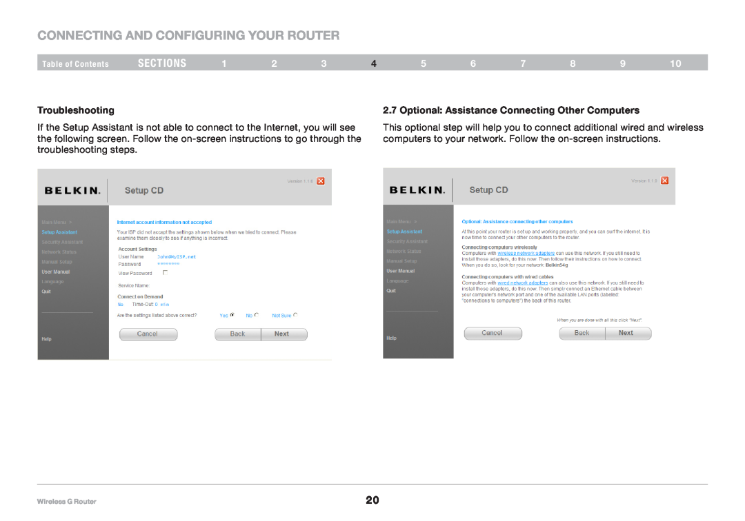 Belkin F5D7234NP4, 8820NP00425 user manual Connecting and Configuring your Router, sections, Troubleshooting 