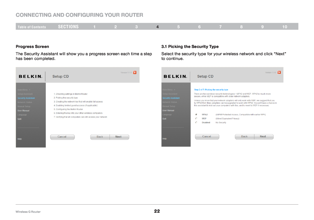 Belkin F5D7234NP4 user manual Connecting and Configuring your Router, sections, Progress Screen, Picking the Security Type 