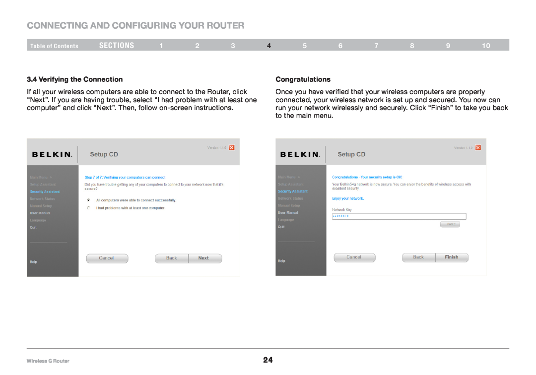 Belkin F5D7234NP4, 8820NP00425 Connecting and Configuring your Router, sections, Verifying the Connection, Congratulations 