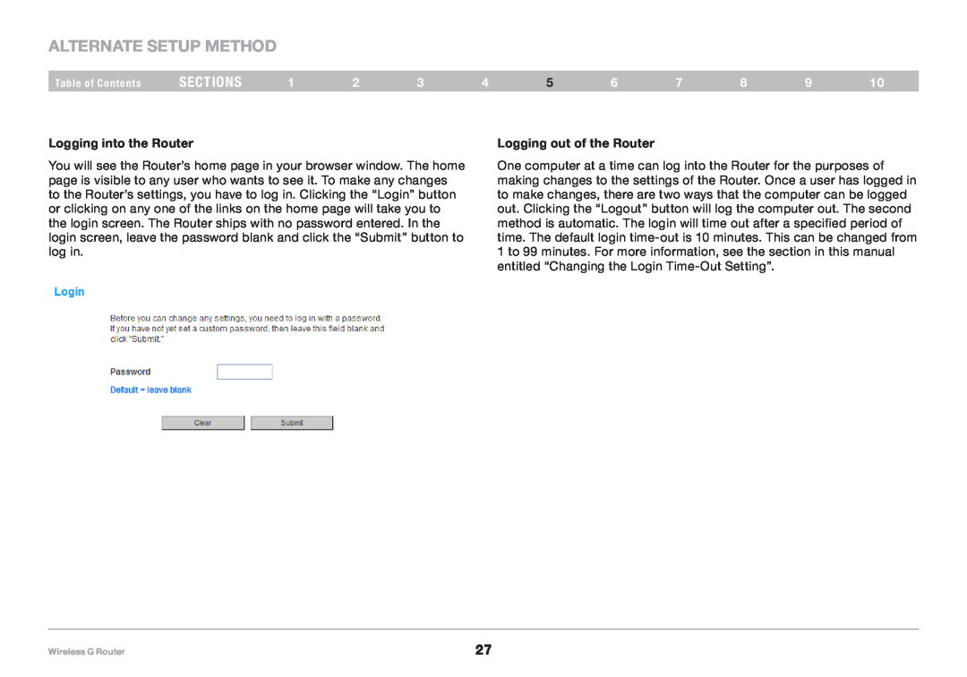 Belkin 8820NP00425, F5D7234NP4 Alternate Setup Method, sections, Logging into the Router, Logging out of the Router 