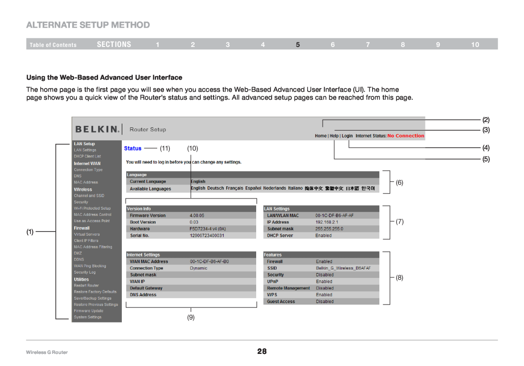 Belkin F5D7234NP4 Alternate Setup Method, sections, Using the Web-Based Advanced User Interface, Table of Contents 
