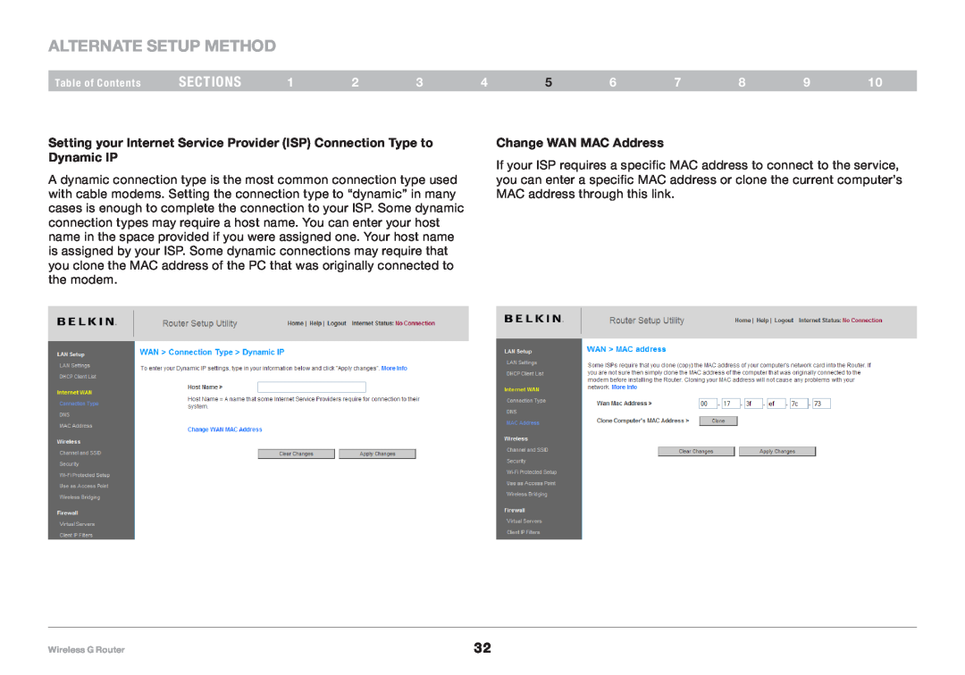 Belkin F5D7234NP4, 8820NP00425 user manual Alternate Setup Method, sections, Change WAN MAC Address 