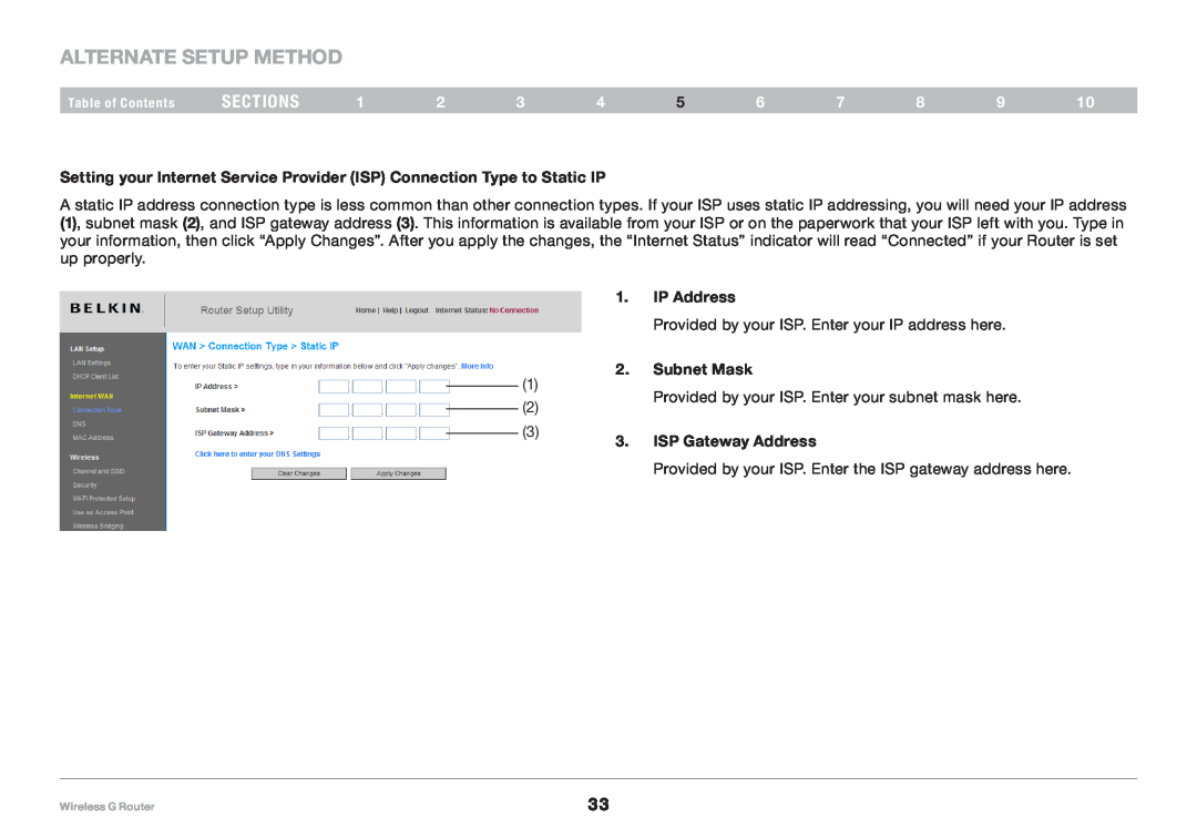 Belkin 8820NP00425 Alternate Setup Method, sections, IP Address, Provided by your ISP. Enter your IP address here 