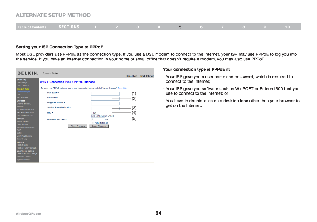 Belkin F5D7234NP4, 8820NP00425 user manual Alternate Setup Method, sections, Setting your ISP Connection Type to PPPoE 