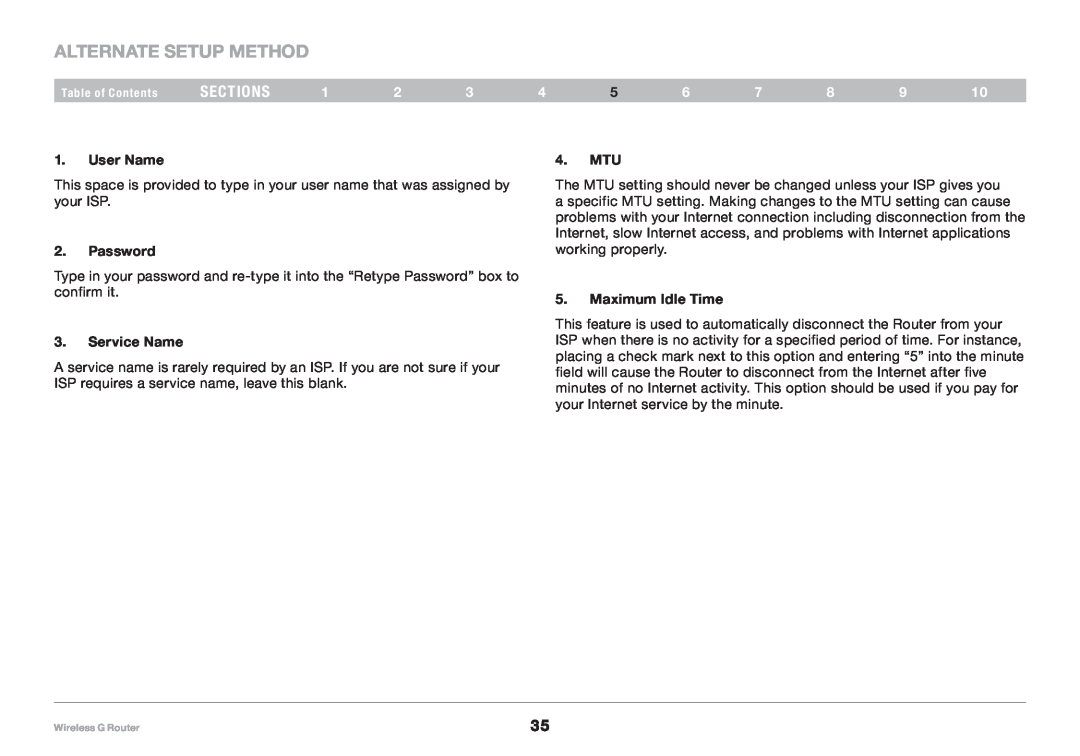 Belkin 8820NP00425, F5D7234NP4 Alternate Setup Method, sections, User Name, Password, Service Name, Mtu, Maximum Idle Time 