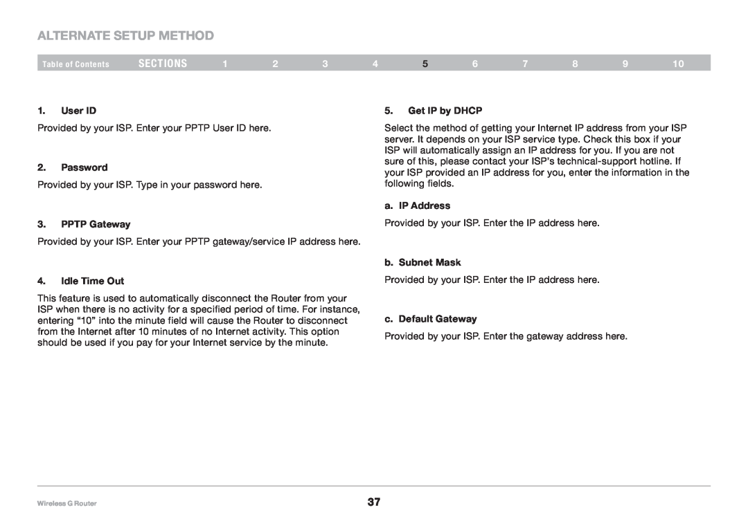 Belkin 8820NP00425 Alternate Setup Method, sections, User ID, Password, Get IP by DHCP, a. IP Address, PPTP Gateway 