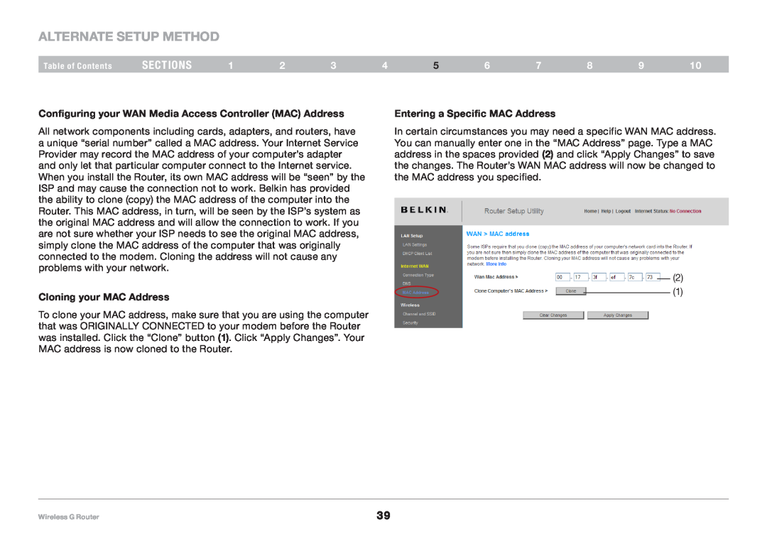 Belkin 8820NP00425, F5D7234NP4 Alternate Setup Method, sections, Configuring your WAN Media Access Controller MAC Address 