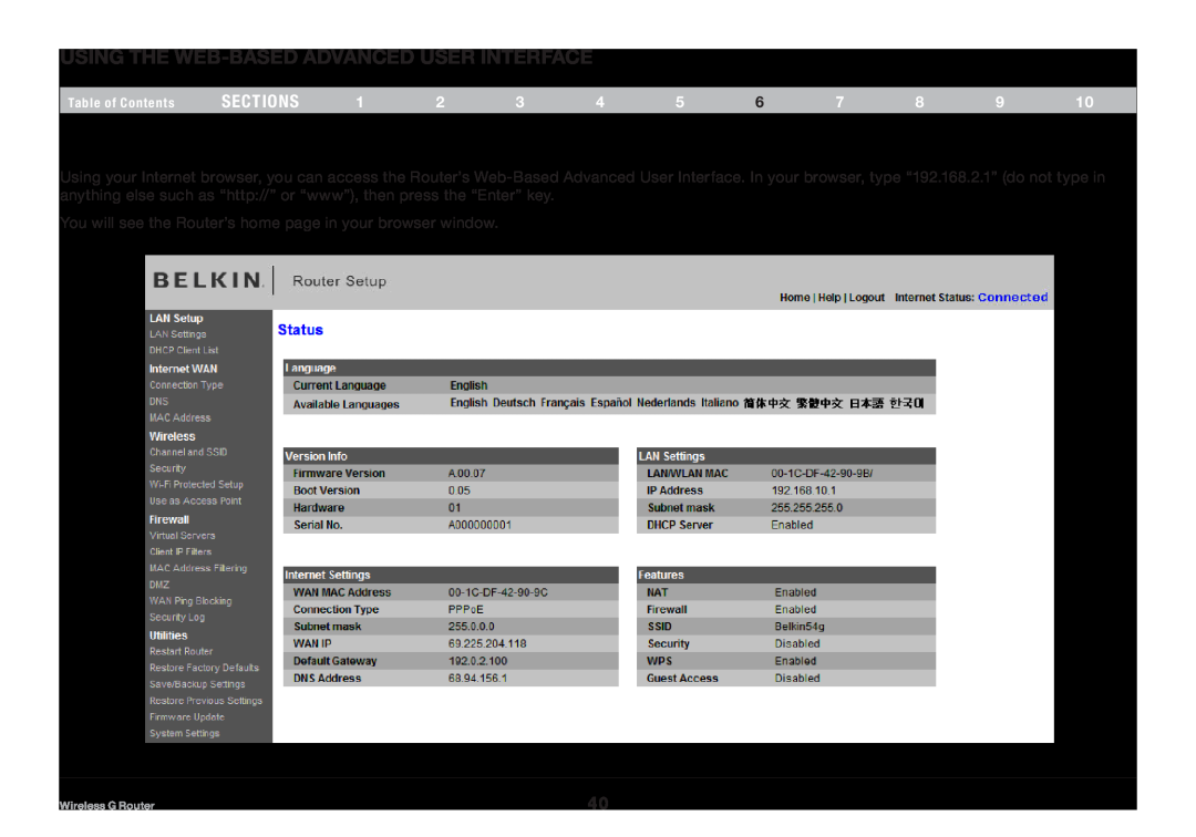 Belkin F5D7234NP4, 8820NP00425 Using the Web-Based Advanced User Interface, sections, Table of Contents, Wireless G Router 