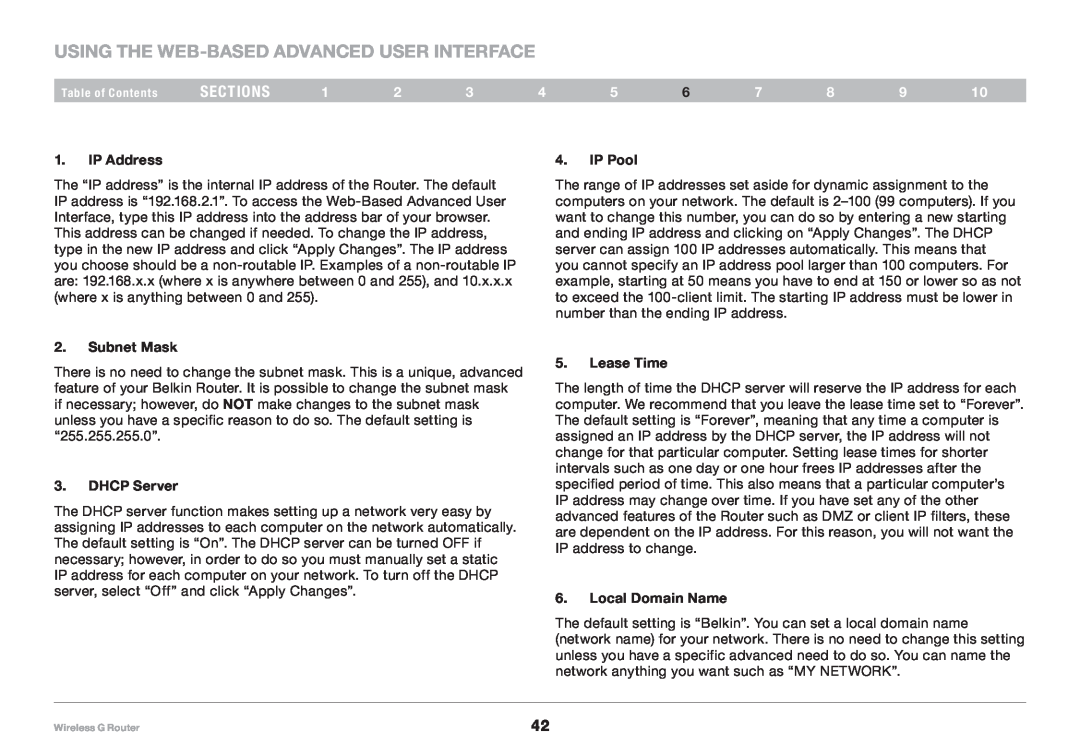Belkin F5D7234NP4 Using the Web-Based Advanced User Interface, sections, IP Address, Subnet Mask, DHCP Server, Lease Time 