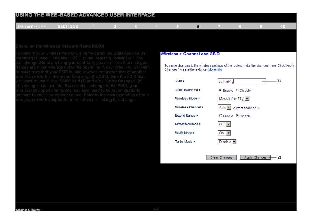 Belkin F5D7234NP4 Using the Web-Based Advanced User Interface, sections, Changing the Wireless Network Name SSID 