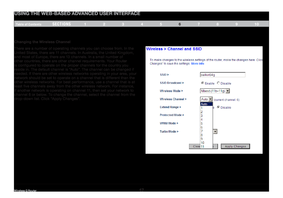 Belkin 8820NP00425, F5D7234NP4 Using the Web-Based Advanced User Interface, sections, Changing the Wireless Channel 