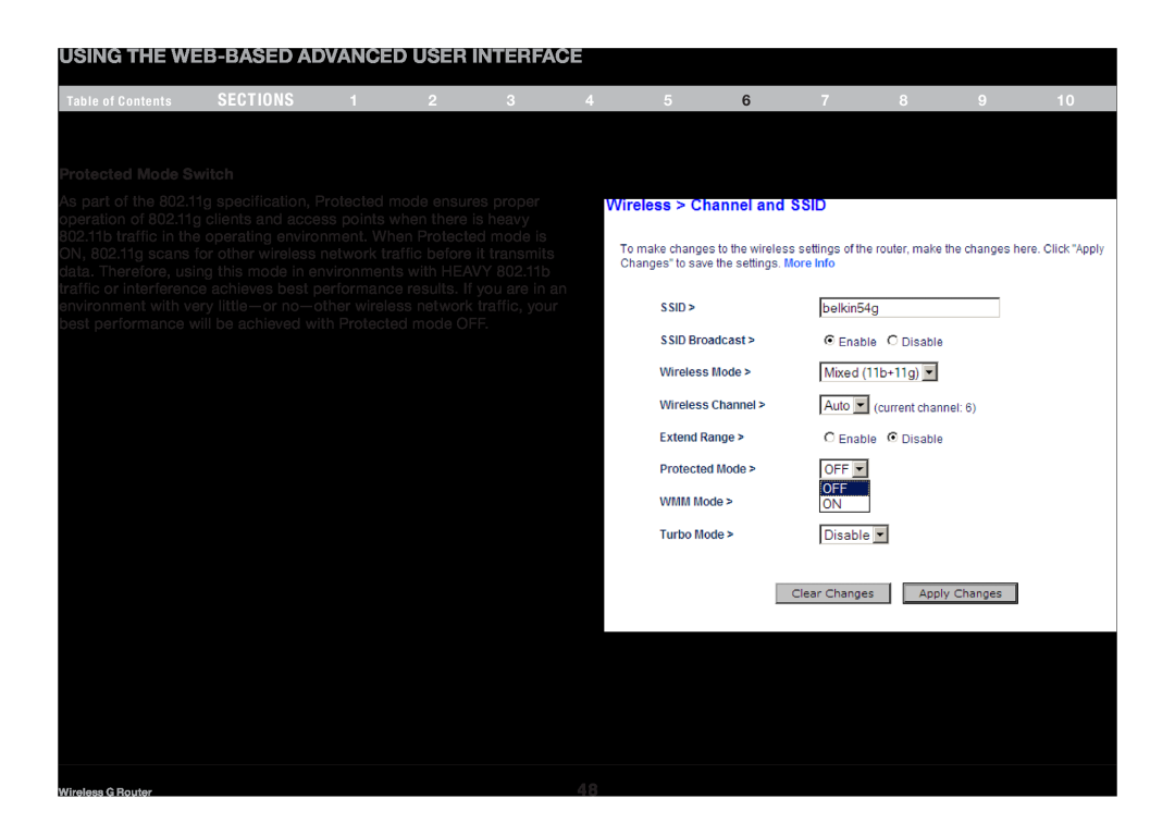 Belkin F5D7234NP4, 8820NP00425 user manual Using the Web-Based Advanced User Interface, sections, Protected Mode Switch 