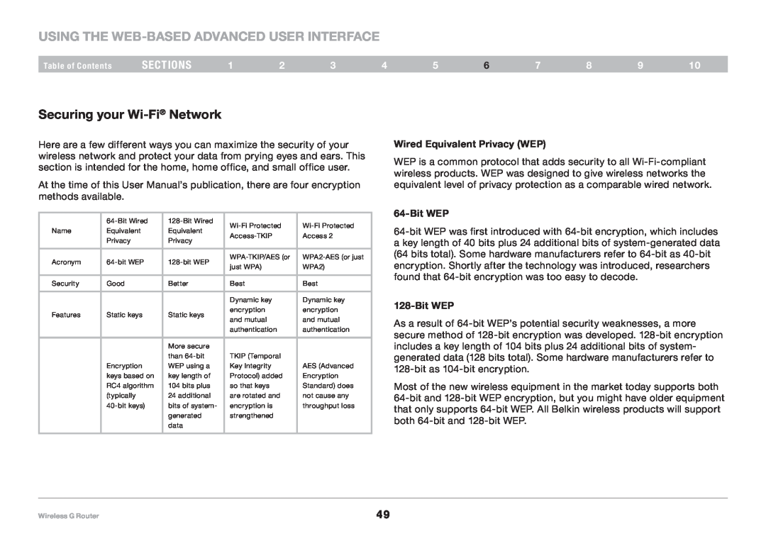 Belkin 8820NP00425 user manual Using the Web-Based Advanced User Interface, sections, Wired Equivalent Privacy WEP, Bit WEP 