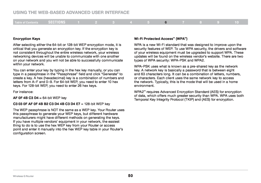 Belkin F5D7234NP4 Using the Web-Based Advanced User Interface, sections, Encryption Keys, AF 0F 4B C3 D4 = 64-bit WEP key 