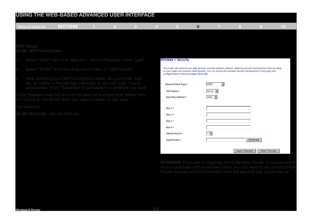 Belkin F5D7234NP4, 8820NP00425 Using the Web-Based Advanced User Interface, sections, WEP Setup 64-Bit WEP Encryption 